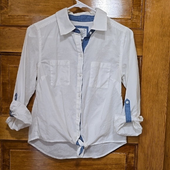 Style & Co White and Blue Button Down Shirt with Rolled Sleeves PS - Picture 1 of 3